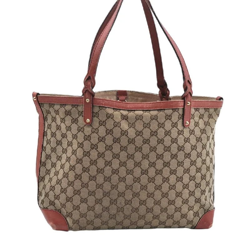 Gucci tote bags for women with a water - resistant coatingAuthentic GUCCI Craft Shoulder Tote Bag GG Canvas Leather 247209 Brown L0476