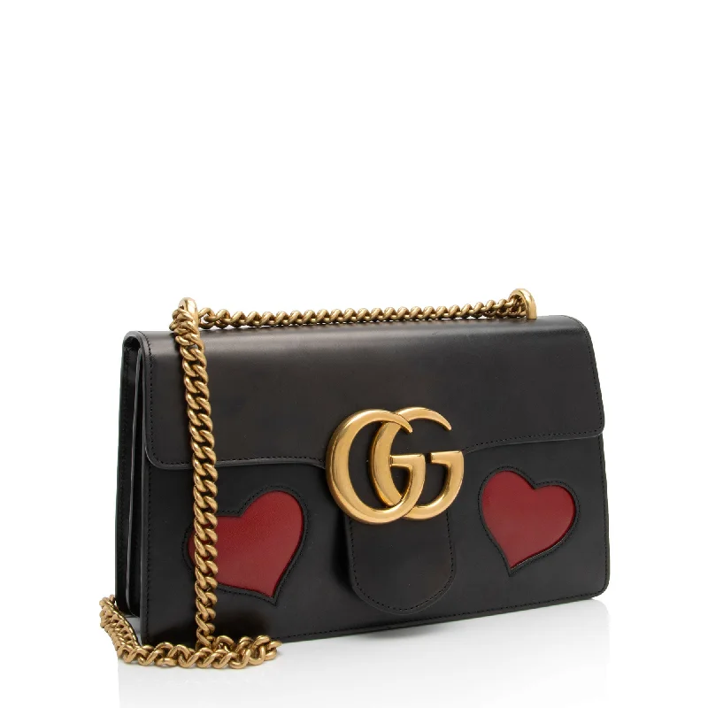 Women Gucci bags with a chain - link trim and a leather bodyGucci Calfskin Malaga Kid Heart GG Marmont Small Flap Bag (oXH119)