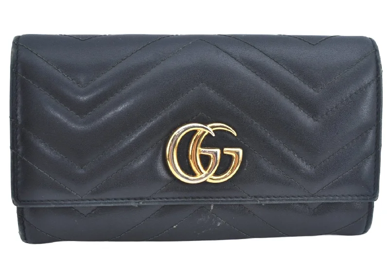 Medium - sized Women Gucci handbags for everyday useAuthentic GUCCI GG Marmont Double G Long Wallet Leather 443436 Black L0418