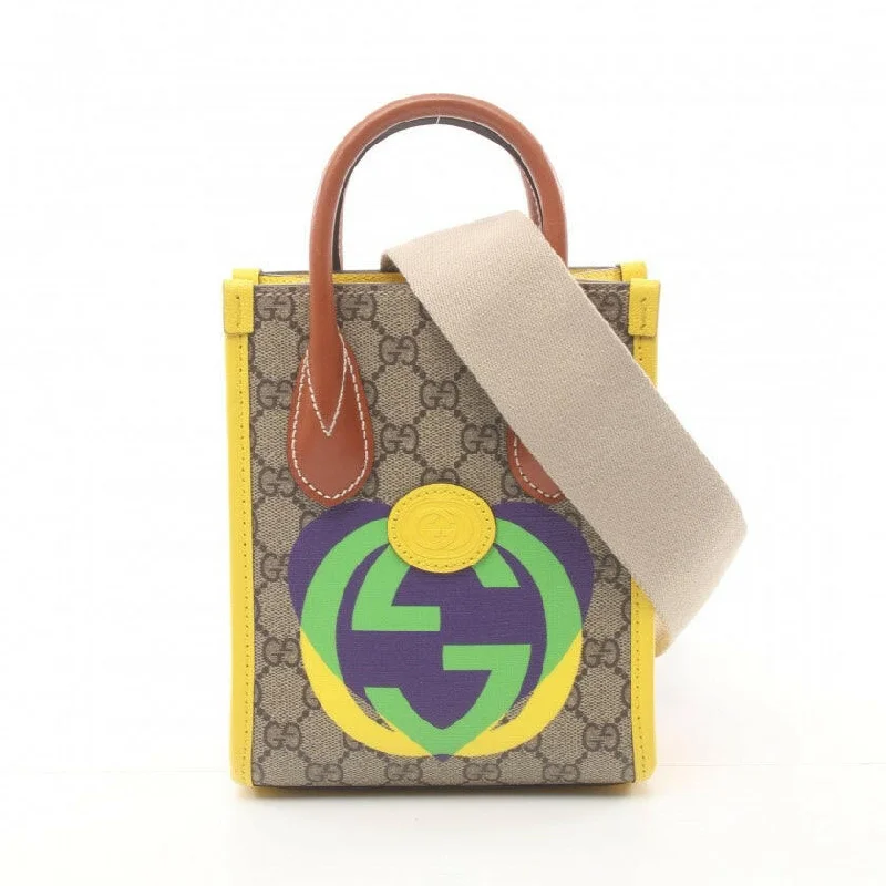 Women Gucci crossbody bags with a keychain holderGucci GG 2-Way Monogram Tote Bag Beige/Brown with Yellow Trim & Canvas Strap