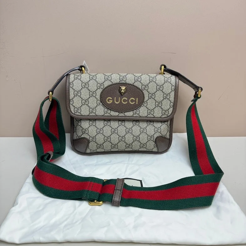 Women Gucci bags with a chain - link trim and a leather bodyGucci GG Beige Canvas Monogram Crossbody Bag Medium