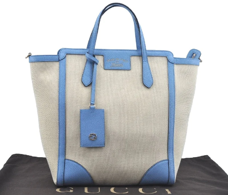 Women Gucci bags with a front - flap pocket for quick - access itemsAuthentic GUCCI Swing Hand Tote Bag Canvas Leather Beige Light Blue L0451