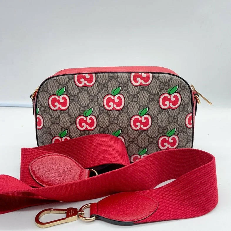 Gucci tote bags for women with a water - resistant coatingGucci GG Apple Print Supreme Mini Bag Beige/Ebony with Red Strap