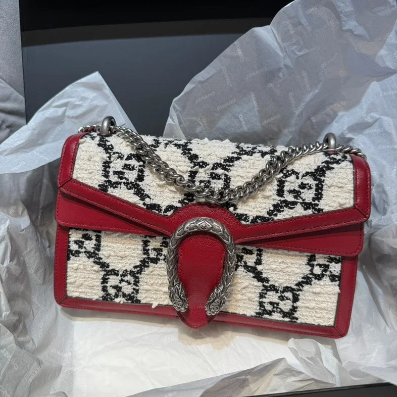 Gucci handbags for women with a beaded trimGucci Dionysus Red Beige Patterned Leather Crossbody Bag Medium