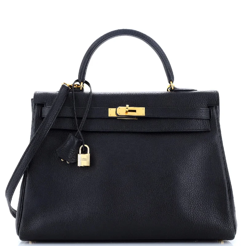 Kelly Handbag Noir Clemence with Gold Hardware 35