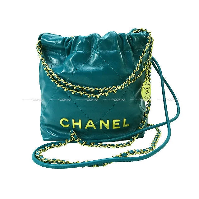 Chanel bags in luxury boutiques worldwideCHANEL Shoulder bag CHANEL 22 Mini Matlasse With Medal Charm Chain Bag Green Shiny Calf Skin Mat Gold HW AS3980