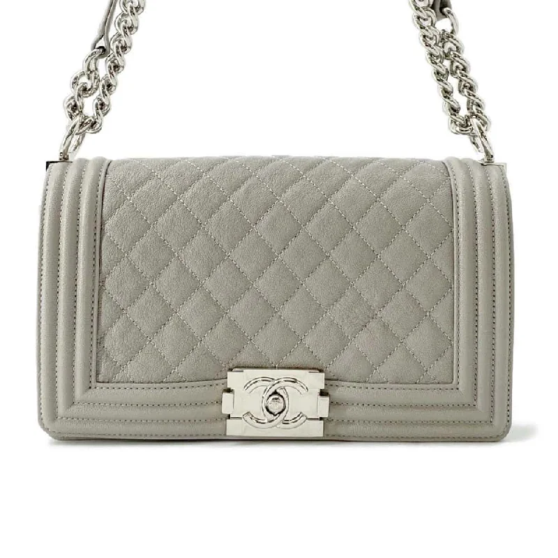 Chanel bags with intricate metal hardwareCHANEL Boy Chanel ChainShoulder Gray A67086 Caviar Leather Size 25