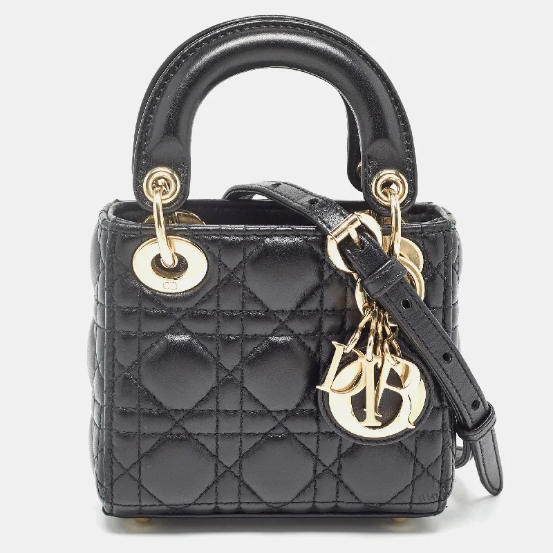 Christian Dior Saddle bags with a patent leather finish for a shiny lookDIOR Black Cannage Leather Micro Lady  Tote