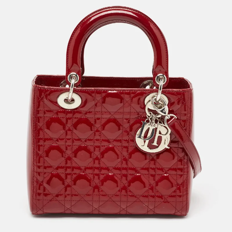 Luxury Christian Dior crossbody bags with a chain - link strapDIOR Red Cannage Patent Leather Medium Lady  Tote